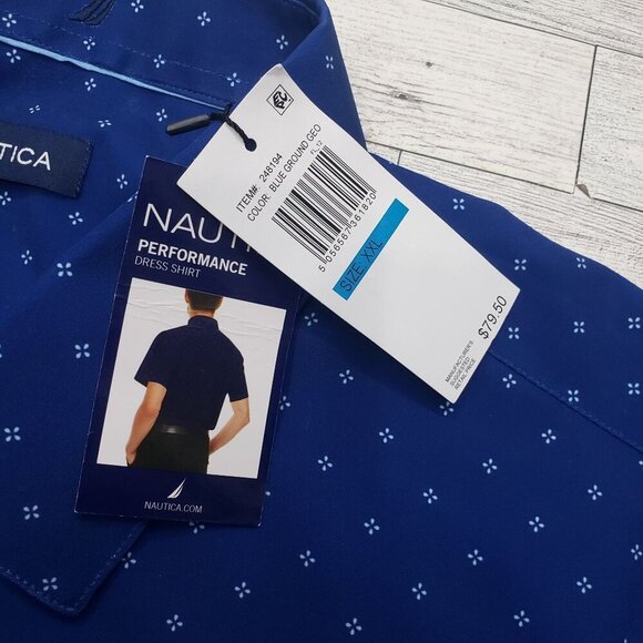 Nautica Performance Dress Shirt SS Blue Geo Stretch Cooling Mens XXL NWT Flaw - Picture 6 of 10